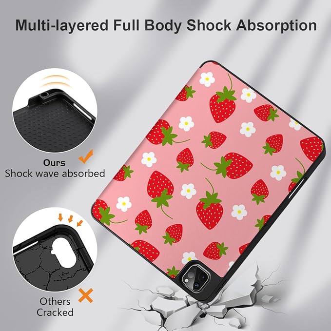 MEEgoodo Case for iPad Pro 12.9 Case M2 6th/5th/4th/3rd Generation 2022 2021 2020 2018, Protective Tablet Cover with Soft Back Shell for Kids, Strawberries & Flowers