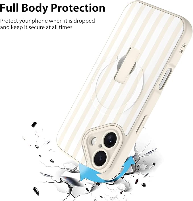 KANGHAR Compatible with iPhone 16 Case, Support for MagSafe, Silicone Stripes Cute Pattern, Wristband Kickstand Camera Protection Soft Slim Cover for Girls Women -White