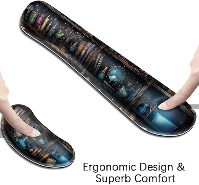 MIBITRI Keyboard Mouse Pad Set, Extended Gaming Mouse Pad+Ergonomics Keyboard Wrist Rest Support, Memory Foam, Easy Typing Pain Relief, 4Pcs XXL Ultra Thick Desk Mat, Enchanted Bookshelf