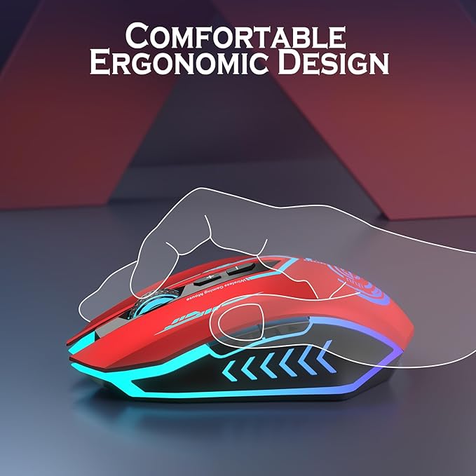 UHURU Gaming Mouse, Wireless Gaming Mouse with 7 Buttons 7 Changeable LED Color up to 12000 DPI, Rechargeable USB Gamer Mouse for PC Laptop (Red)