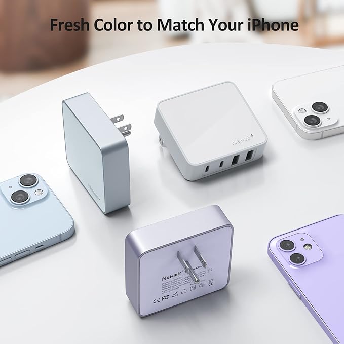 Nekmit USB C Charger, Thin Flat 52W 4-Port Fast Wall Charger with Two 20W Power Delivery and 2 USB Port for iPhone 14/14 Pro/14 Pro Max, Galaxy, Pixel, iPad Pro, AirPods Pro and More, Blue