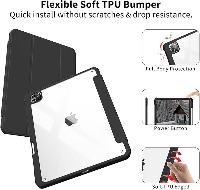 Case for iPad Pro 12.9 Inch (6th/5th/4th/3rd Generation 2022/2021/2020/2018) with Pencil Holder, Clear Transparent Back Shell Slim Stand Shockproof Tablet Cover, Auto Wake/Sleep, Black