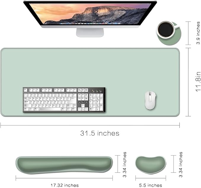 Desk Mat, Large Gaming Mouse Pad with Wrist Rest, 4 in1 XXL Mouse pad+Keyboard Wrist Rest+Mouse Pad Wrist Support+Cup Coaster Set, Ergonomic Desk Pad for Home Office, Minty Green