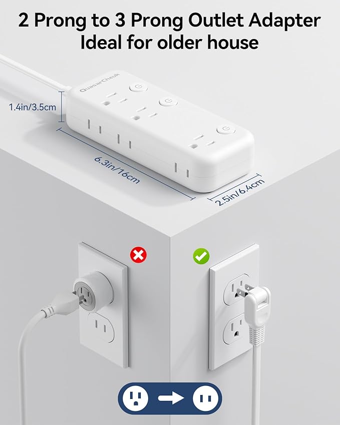 2 Prong Power Strip - 2 Prong to 3 Prong Outlet Adapter, 2 Prong Extension Cord with USB C, Surge Protector 1875W with 6 Outlets 3 USB, Three Prong Adapter 5ft, Wall Mount, Non Grounded, Old House