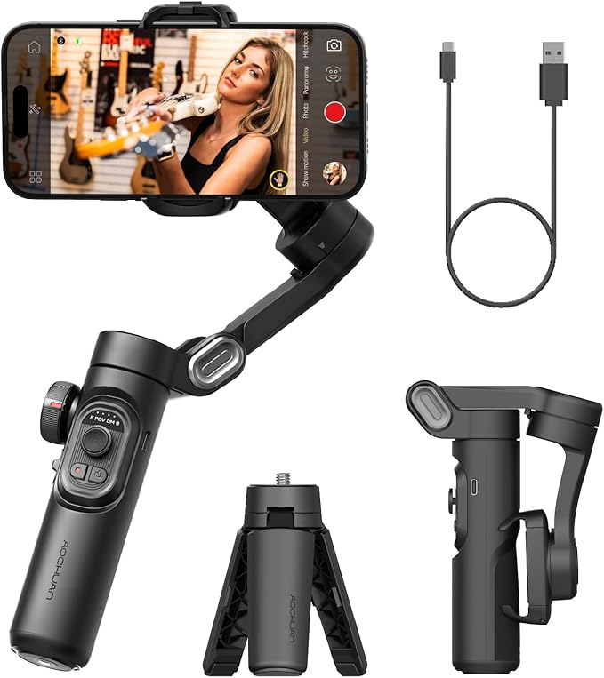 AOCHUAN Phone Gimbal Stabilizer, 3-Axis Smartphone Foldable Handheld Gimbal for iPhone with Focus Wheel, TikTok/YouTube Vlog Stabilizer for iPhone 17/16/15/14/13 Pro Max & Android – Smart XE