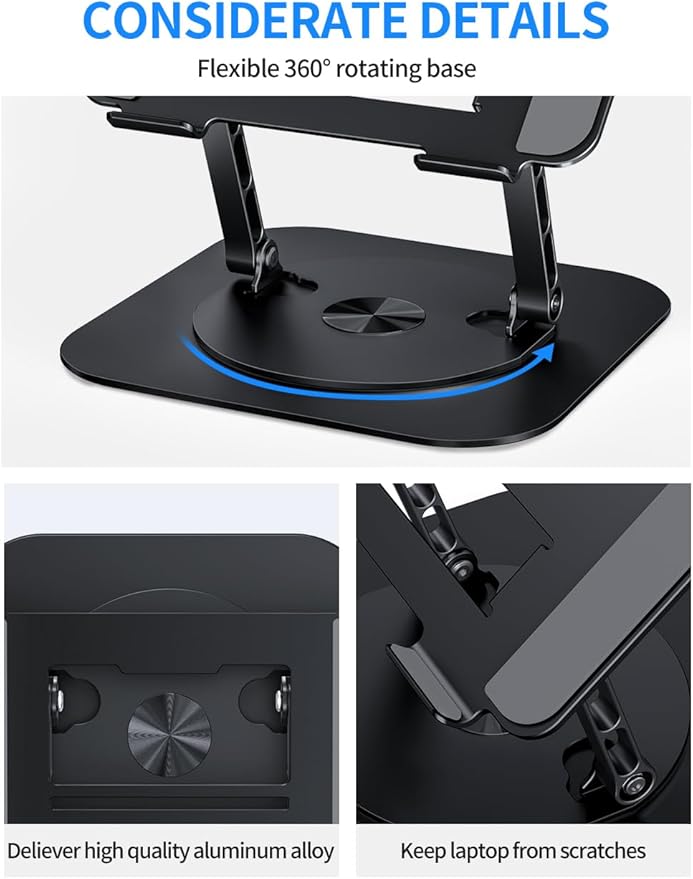 AOEVI Adjustable Laptop Stand with 360 Rotating Base, Computer Stand for Laptop Ergonimic Foldable Laptop Riser for Desk Compatible with MacBook Pro/Air Notebook up to 16 Inches, Black
