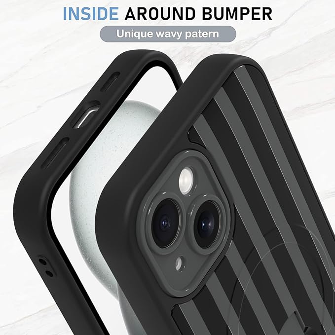 KANGHAR Compatible with iPhone 15 Case, Support for MagSafe, Silicone Stripes Cute Pattern, Wristband Kickstand Camera Protection Soft Slim Cover for Girls Women -Black
