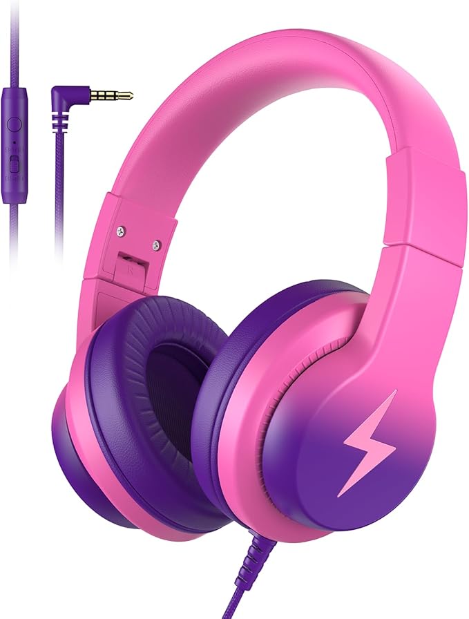 Candy Bila Kids Headphones, Wired Headphones for Kids Over Ear with Microphone, 85/94dB Volume Limiter Headphone for Girls Boys, Foldable Headphone for Learning, Deep Purple and Pink