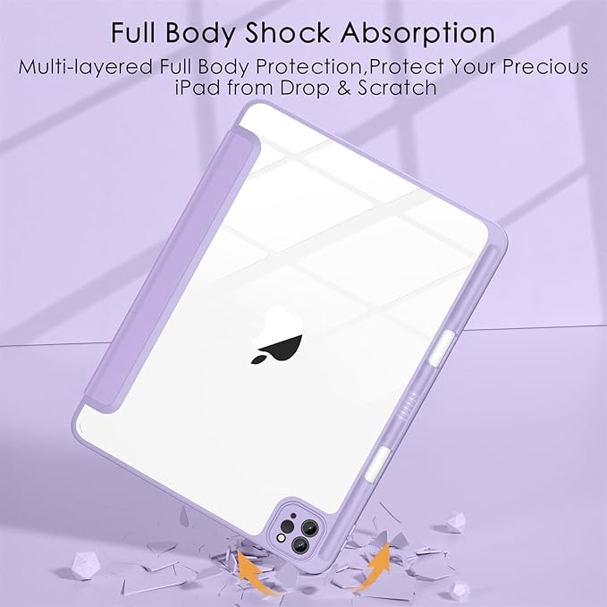 Soke Case for iPad Pro 12.9 Inch (6th/5th/4th/3rd Generation, 2022/2021/2020/2018) - Pencil Holder + Auto Sleep/Wake + Camera Protection, Transparent Shockproof Back Cover,Gray Purple