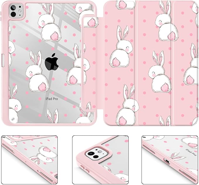 May Chen Case for iPad Pro 11-Inch M5/M4 2025/2024 (6th/5th Generation), [Penceil Holder] Trifold Stand Auto Wake/Sleep Clear TPU Protection Back Cover, Cute Rabbit