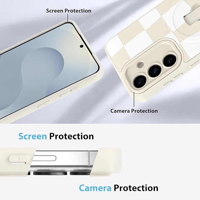 KANGHAR Compatible with Samsung Galaxy S25 Case, Support for MagSafe, Silicone Checkered Cute Pattern, Wristband Kickstand Camera Protection Soft Slim Cover for Girls Women -White