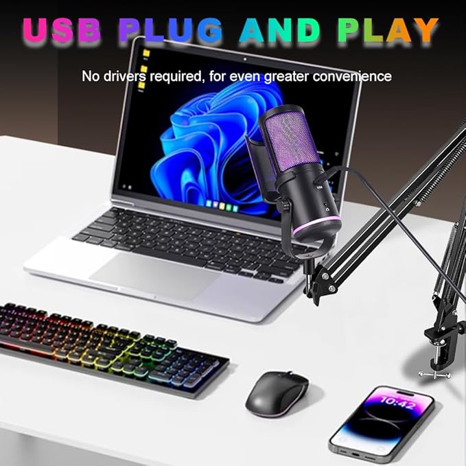 M16 USB Microphone with Boom Arm - PC Mic for Streaming, Podcasting, Vocal Recording Singing YouTube RGB Condenser Kit with Noise Cancellation, Monitor Mix Knob, Mute & Pop Filter Black