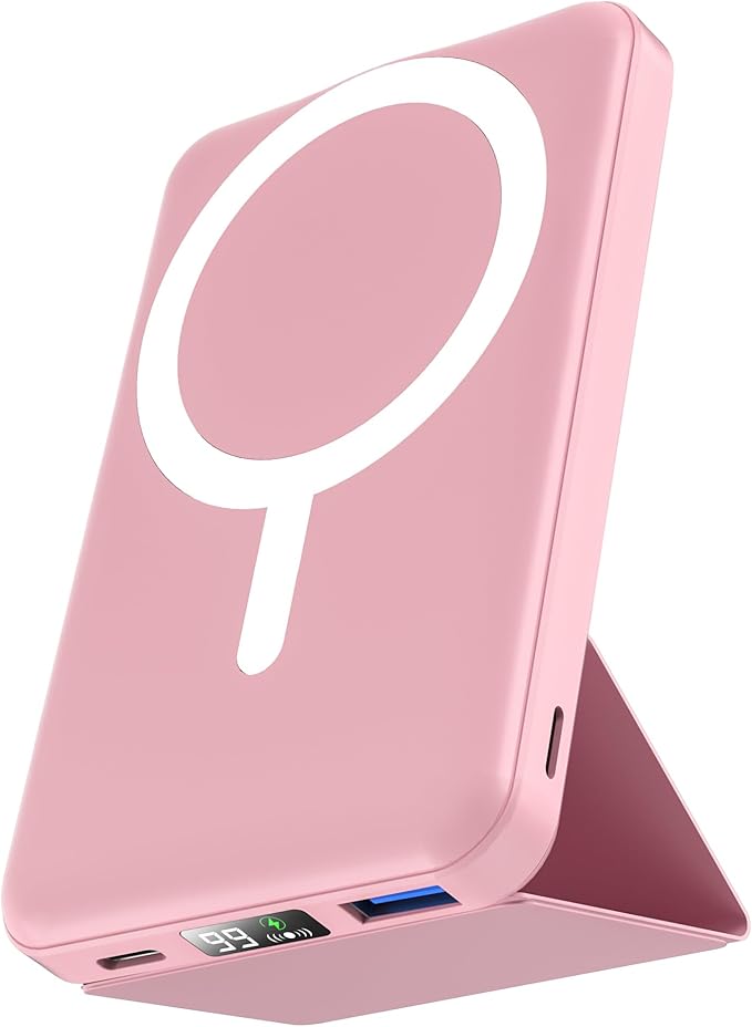 podoru for Magsafe Battery Pack, Foldable 10000mAh Magnetic Power Bank with USB-C Cable LED Display 22.5W PD Fast Charging Wireless Portable Charger for iPhone 17/16/15/14/13/12 Series-Pink