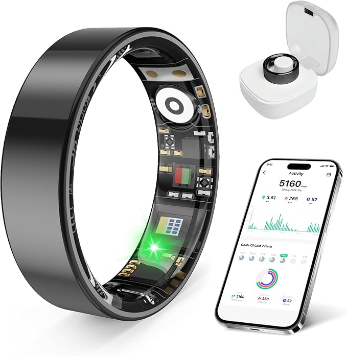 Smart Health Ring, Featuring Stress and Sleep Monitoring Functions, Compatible with iOS and Android,Waterproof Fitness Tracker for Women & Men, No Subscription Fee. (Black, 9)