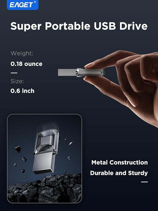 EAGET USB Flash Drive 64GB, Dual USB 3.0 USB-A & USB-C, 150MB/s Swivel Metal Thumb Drive, Memory Stick for iPhone 15/16/17, Android, Tablet, Laptop, Mac