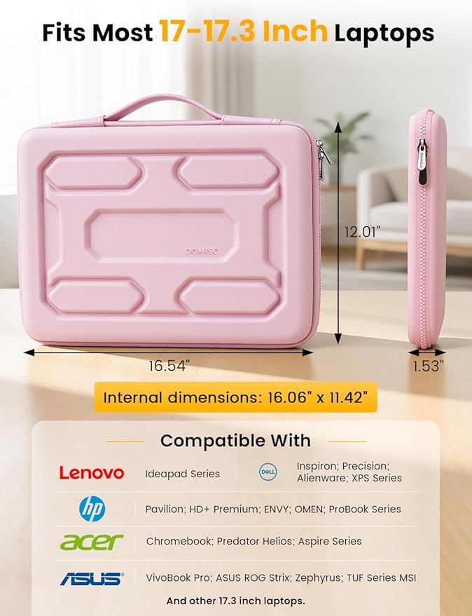 DOMISO Laptop Hard Case 17-17.3 inch Waterproof Shockproof Hard Shell Laptop Sleeve with Handle & Storage Pocket, Compatible with MacBook, HP, Dell,Pink