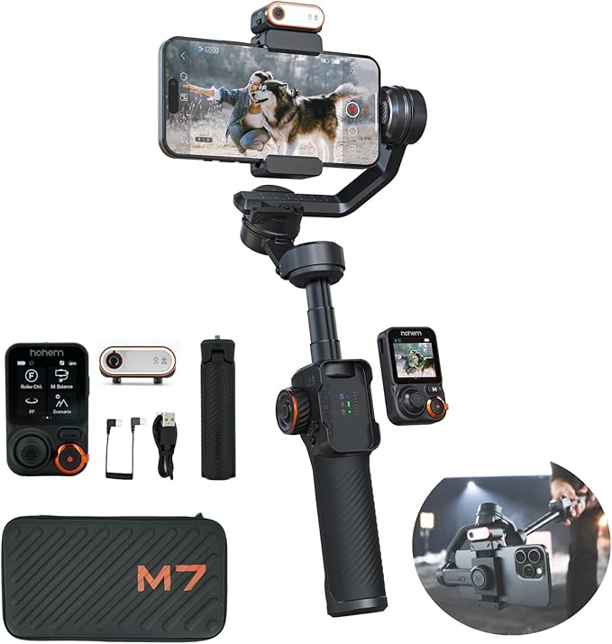 Hohem iSteady M7 Gimbal Stabilizer for Smartphone, 3-Axis Phone Gimbal, Gimbal Stabilizer for iPhone & Android, AI Tracking Sensor with Fill Light, 1.4" Detachable Touchscreen Remote Control