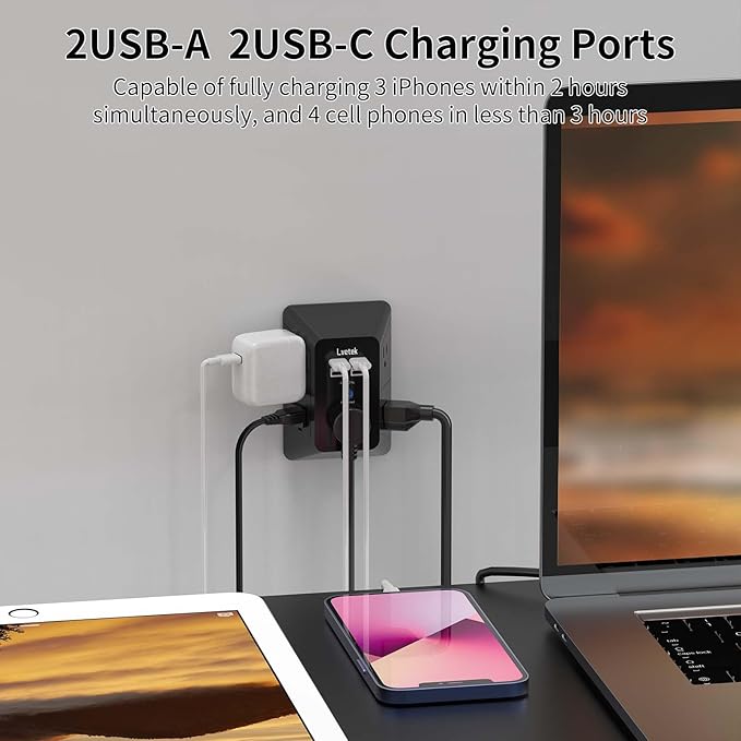 Outlet Extender, Surge Protector Outlet with 5-Multi Plug Outlet and 4 USB Ports(2 USB C), 3-Sided 1680J Power Strip Wall Charger, Multiple-Plug Outlet Splitter for Home Travel Office,ETL Listed,Black