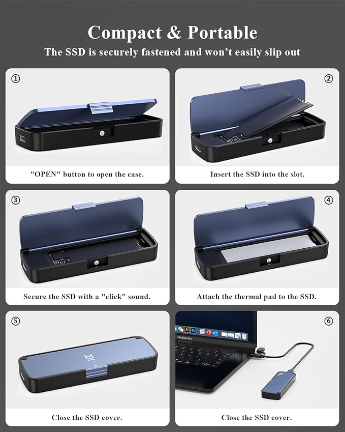M.2 NVMe SSD Enclosure USB 3.2 Gen 2 10Gbps, Tool-Free External SSD Case Reader, Aluminum Cooling, Compatible with M&M+B Key NVMe SSD, Fit 2230/2242/2262/2280 (Blue)