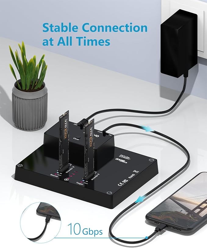 MAIWO K3015P Portable Dual Bay M.2 NVME Docking Station, Tool-Free Type-C10Gbps NVME SSD External Enclosure, with Offline Clone duplicator and System Copy Function.