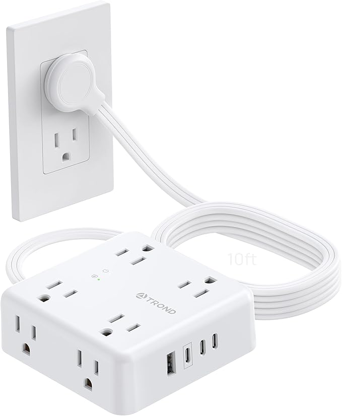 TROND Surge Protector Power Strip, 10FT Flat Plug Extension Cord with 8 Outlets & 4 USB Ports (3 USB C), 1625W, Wall Mount Outlet Extender for Home Office Dorm Room Essentials, White