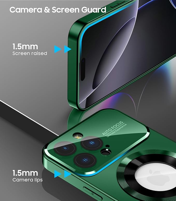 MAKAVO Magnetic for iPhone 16 Pro Max Case, Compatible with MagSafe, Built-in Camera Lens Protector, Logo View, Military Grade Drop Protection Phone Cover, Green