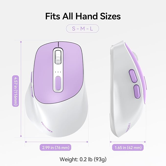 TECKNET 3-Device Wireless Mouse, Rechargeable Dual-Mode (2.4G & BT 5.0), Silent USB-A & Bluetooth Mouse, 6-DPI up to 4800, Wide Compatibility - Purple and White