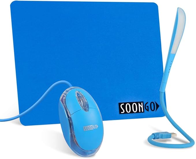 SOON GO Mini Mouse with Pad+USB LED Light 3 in 1 Gift Combo Kids Mice for Laptop Home Office Travel Blue