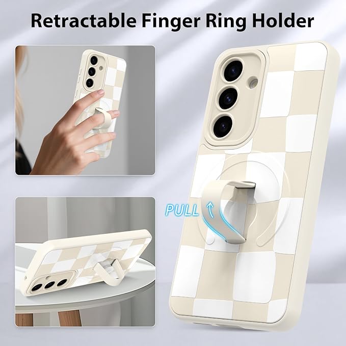 KANGHAR Compatible with Samsung Galaxy S25 Case, Support for MagSafe, Silicone Checkered Cute Pattern, Wristband Kickstand Camera Protection Soft Slim Cover for Girls Women -White