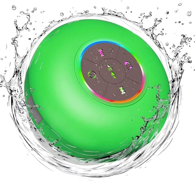 Bluetooth Shower Speaker with LED – Portable Wireless Mini Speaker with Mic & Suction Cup, IPX4 Water Resistant for Shower, Travel, Pool, River Floating, and Outdoor Fun (Green)