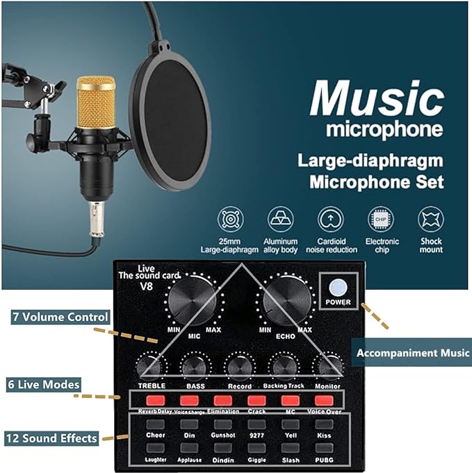 Podcast Equipment Bundle, BM-800 Recording Studio Package with Voice Changer, Live Sound Card - Audio Interface for Laptop Computer Vlog Living Broadcast Live Streaming YouTube TikTok (AM100-V8)