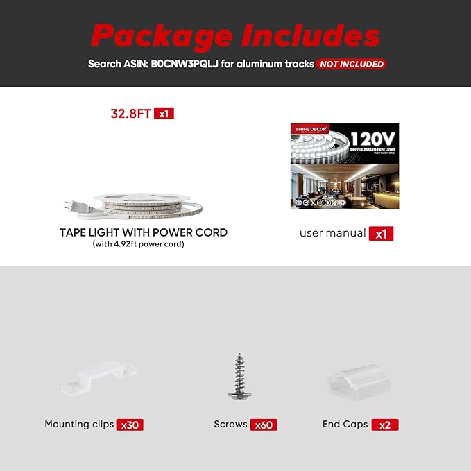 Shine Decor LED Strip Light Super Bright 8000LM, Plug&Play 120V Driverless Easy Wiring, Flicker Free Weatherproof for Outdoor Indoor, Min. 3.9” Cuttable Stickable, 6000K Cool White 32FT ETL Listed