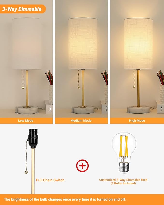 JUNNAI Table Lamps Set of 2, Gold Bedside Lamps, 3 Way Dimmable Nightstand Lamps with Marble Base & Linen Shade &Pull Chain,18.5 Inches Tall Skinny Desk Lamps for Bedroom Living Room(Bulbs Included)