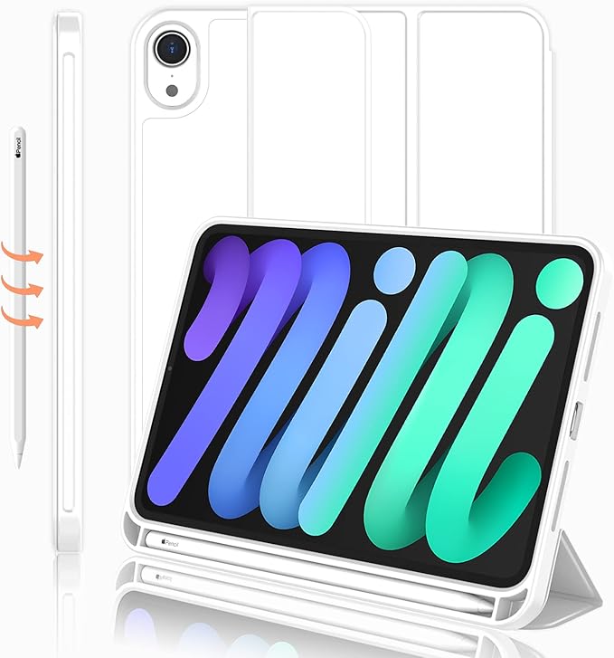 iMieet iPad Mini 7 Case 2024 (A17 Pro), iPad Mini 6 Case (8.3-Inch,2021 Model), iPad Mini 7th/6th Generation Case with Pencil Holder, Trifold Stand Smart Case with Soft TPU Back,White