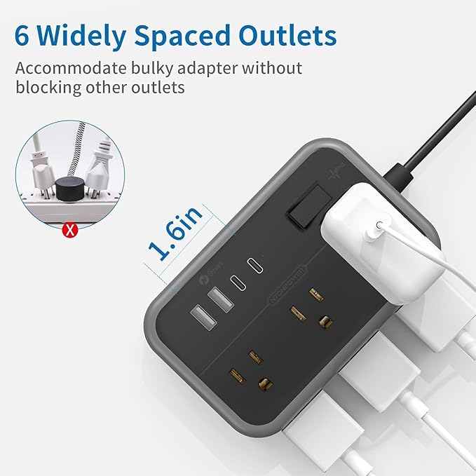 Extension Cord 25 Ft NTONPOWER Long Extension Cord with 6 Widely Spaced Outlet, Power Strip with 4 USB Port(2 USB-C), Wall Mount for Home Office, Dorm Room and Nightstand, Black