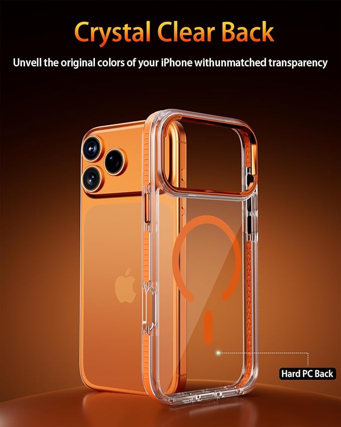 Full Body Protection Kit for iPhone 17 Pro Max Case, MagSafe Compatible Clear Cover, Orange Non-Slip Grip Bumper, N52 Magnetic Backing, Includes Tempered Glass Screen Protector and Lens Film
