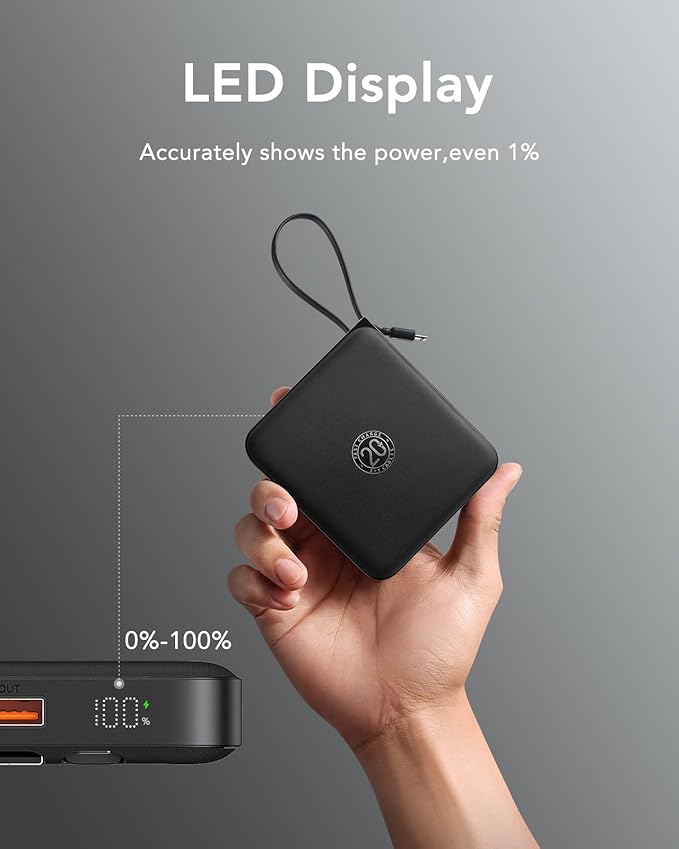VRURC Portable Charger with Built-in Cable, 10000mAh 22.5W Fast Charging USB C Battery Pack, Cell Phone Power Bank for iPhone 17 16 15 Series Android Tablet (Black)