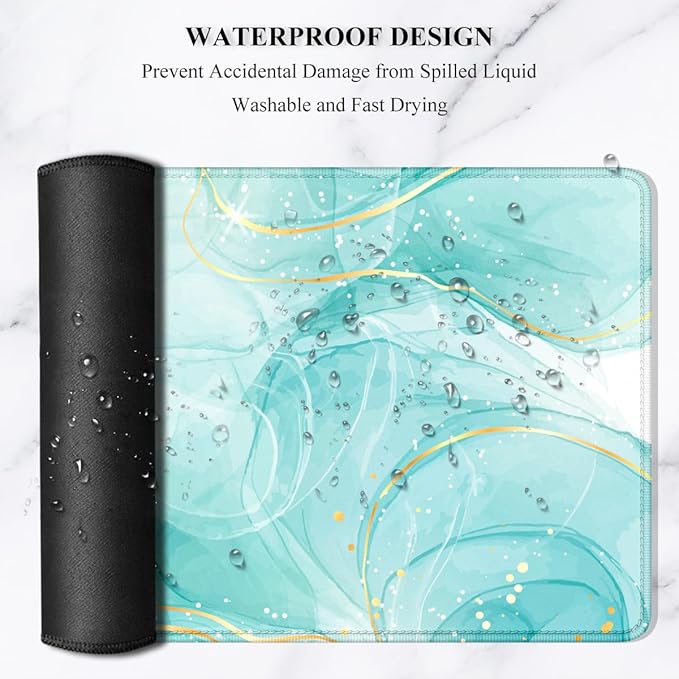 Auhoahsil Desk Mouse Pad, Large Gaming Mousepad, XXL Desk Pad, Extended Long Superior Micro-Weave Cloth Non-Slip Rubber Big Computer Mouse Mat for Gamer, Office & Home, 35" x 15", Teal Gold Marble