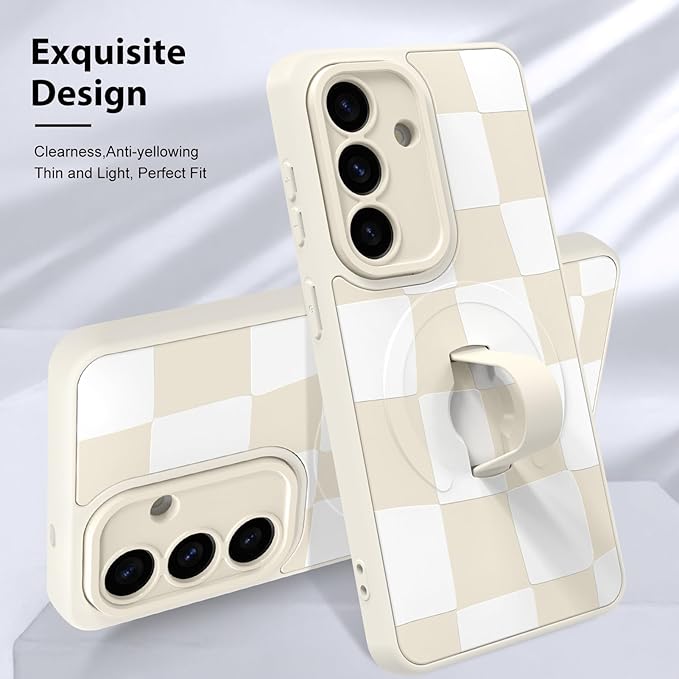 KANGHAR Compatible with Samsung Galaxy S26 Case, Support for MagSafe, Silicone Checkered Cute Pattern, Wristband Kickstand Camera Protection Soft Slim Cover for Girls Women -White