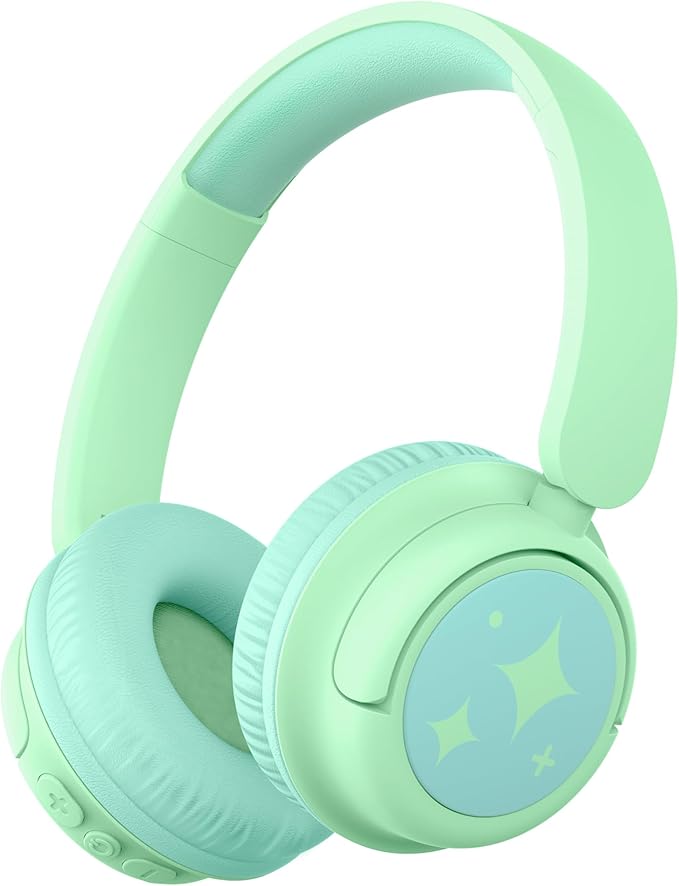 iClever BTH22 Kids Bluetooth Headphones, 60H Play Time, 74/85 dBA Safe Volume, Bluetooth 5.4, USB C, Over Ear Kids Headphones Wireless with Mic AUX Cord for iPad/Tablet/Travel/School, Light Green
