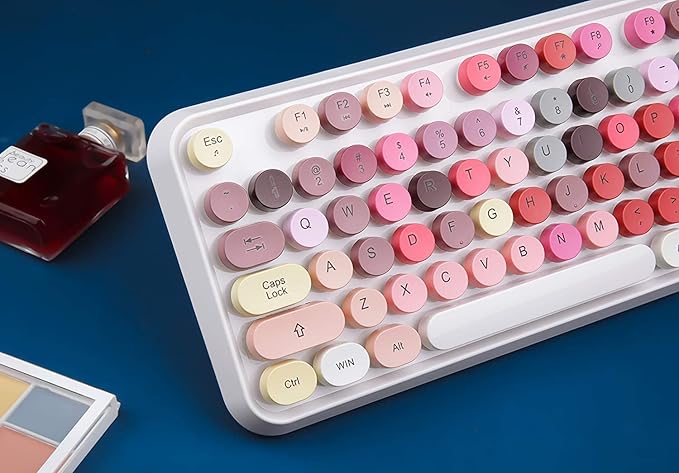 Retro Wireless Keyboard and Mouse Combo,Vintage Typewriter Key Board with 104 Cute Colorful Round Keys, 2.4GHz Full Size Aesthetic Bubble Keyboard&3 DPI Mouse for PC Laptop Desktop (Mixed Pink&Red)