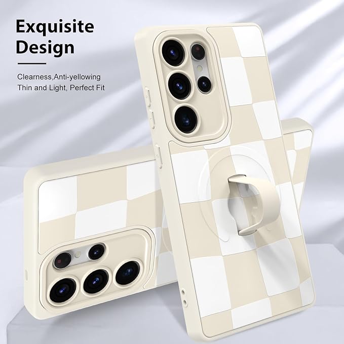 KANGHAR Compatible with Samsung Galaxy S25 Ultra Case, Support for MagSafe, Silicone Checkered Cute Pattern, Wristband Kickstand Camera Protection Soft Slim Cover for Girls Women -White