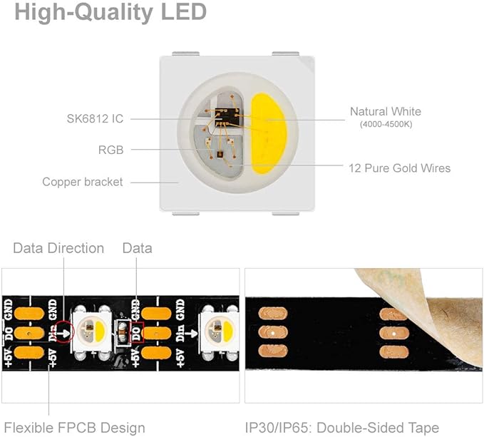 BTF-LIGHTING RGBW RGB+Natural White SK6812 (Similar WS2812B) 4 Colors in 1 LED Strip Individually Addressable 16.4ft 60Pixel/m 300LED Light Dream Color IP65 DC5V Black PCB (No Adapter or Controller)