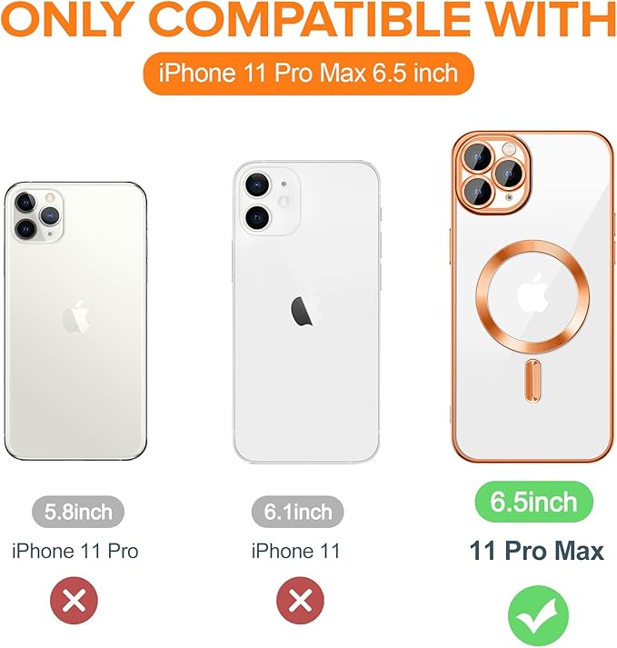 Hython Magnetic Clear for iPhone 11 Pro Max Case with Camera Lens Protector [Compatible with MagSafe] Plating Edge Slim Soft TPU Cover Protective Phone Case for iPhone 11 Pro Max 6.5", Orange