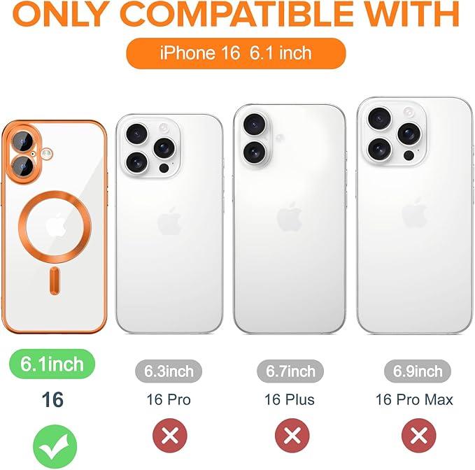 Hython Magnetic Clear for iPhone 16 Case with Camera Lens Protector [Compatible with MagSafe] Luxury Plating Edge Slim Soft TPU Cover Protective Phone Case for iPhone 16 6.1", Matte Orange
