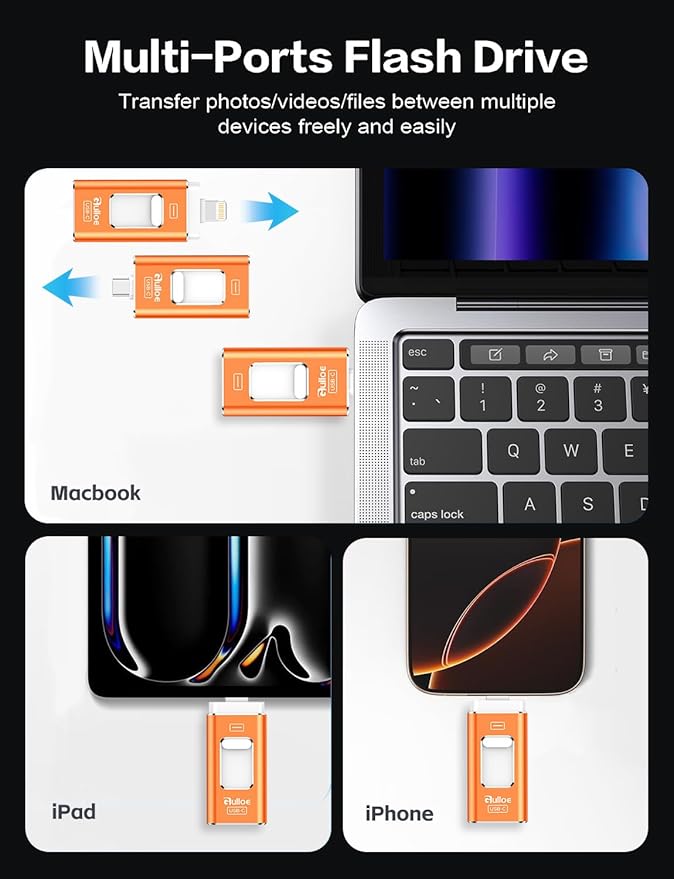Gulloe 256GB Dual Interface Flash Drive for Phone Storage Photos Videos, Phone USB Backup External Photo Memory Stick - No App Required, Compatible with iPhone, iPad, Android & PC (Orange)