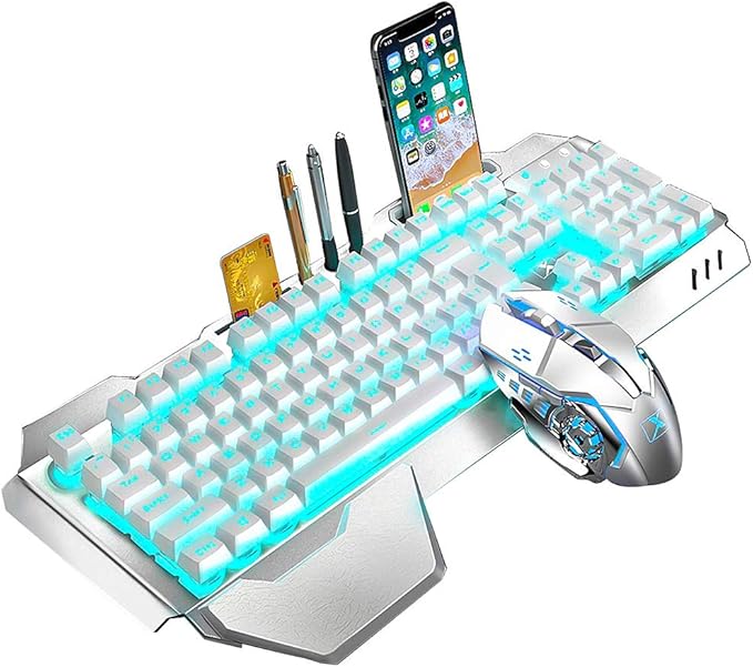 Wireless Keyboard and Mouse, Blue LED Backlit Rechargeable Keyboard with 3800mAh Battery, Metal Panel, Removable Hand Rest Mechanical Feel, 7 Color Gaming Mute Mouse for PC Gamers