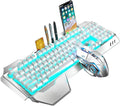 Wireless Keyboard and Mouse, Blue LED Backlit Rechargeable Keyboard with 3800mAh Battery, Metal Panel, Removable Hand Rest Mechanical Feel, 7 Color Gaming Mute Mouse for PC Gamers