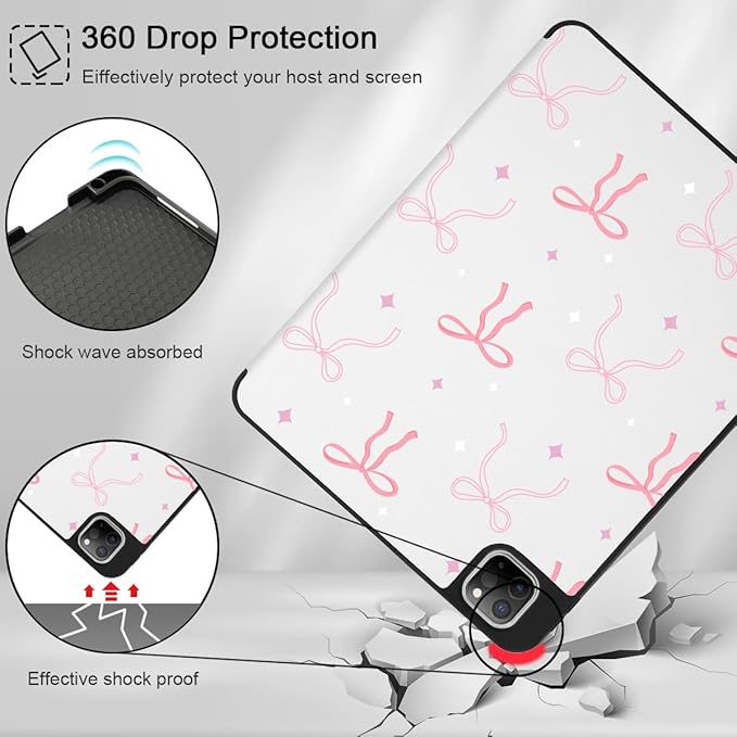Tuiklo for iPad Pro 12.9 inch 6th / 5th / 4th / 3rd Generation 2022 2021 2020 2018 Release Case- Built in Pencil Holder Slim Protective Cover with Auto Wake/Sleep, Pink White Bows