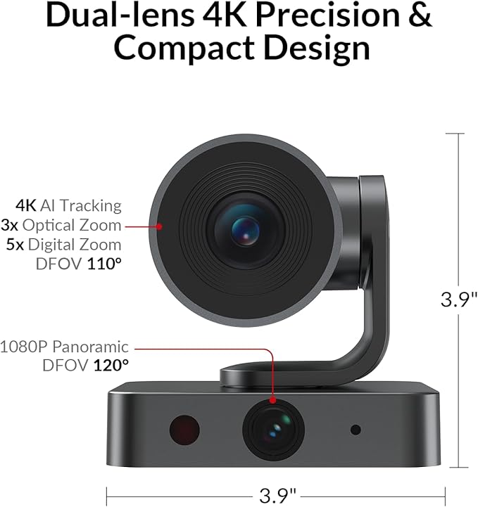 All-in-One Conference System: 4K AI PTZ Webcam with Dual Lens + Wireless USB/Bluetooth Speakerphone, AI Framing & Presenter Tracking, 15x Zoom, 360° Mic, Zoom/Teams/Webex Compatible for Meeting Room